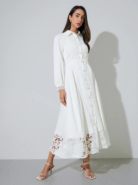 Styli Off White Lace Trim Shirt Maxi Dress