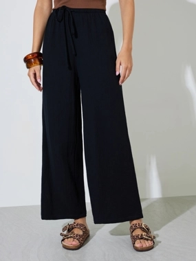 Styli Black Cotton Wide Leg Pants with Drawcord