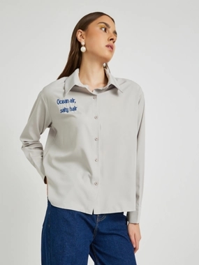Take Two Solid Slogan Embroidery Oversized Shirt