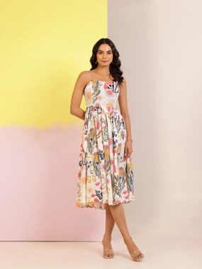 Sanskrutihomes All-Over Floral Print Square Neck A-Line Knee-Length Dress