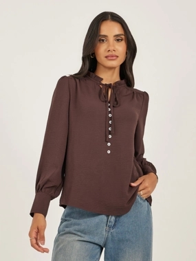 Styli Ruffled Tie-Up Neck Balloon Sleeve Top