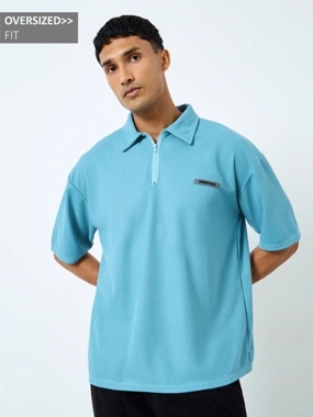 Styli Men Solid Blue Oversized Polo with Quarter Zip