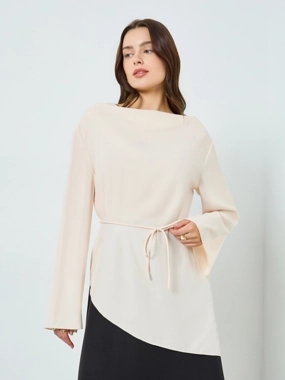 Styli Women Beige Long Sleeve Tie-Waist Blouse