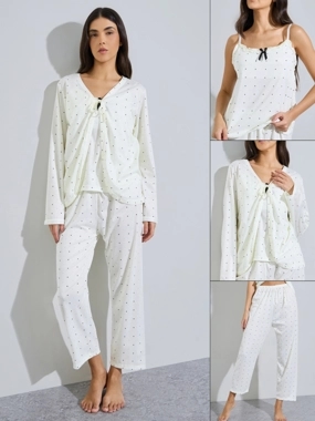 Styli Pack of 3 - White Polka Dot Cami, Cardigan and Pyjama Set