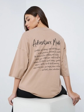 Styli Adventure Mode Oversized Slogan 100% Cotton T-Shirt