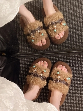 Take Two Plush Slides with Beaded Bow
