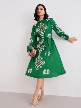 Styli Green Geometric Print Midi Dress