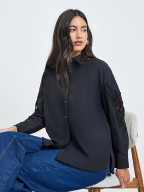 Styli Black Embroidery Detail Long Sleeve Shirt