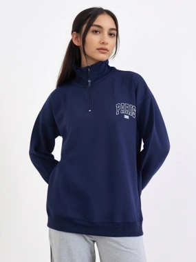 Styli Navy Blue Paris Print Longline Sweatshirt
