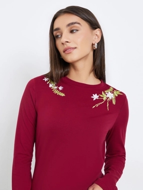 Styli Burgundy Embroidered Floral Long Sleeve T-Shirt