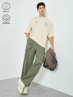 Styli Men Olive Woven Cotton Baggy Pants