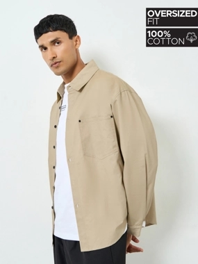 Styli Men Beige Cotton Oversized Shirt