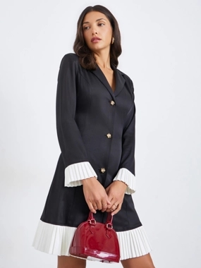 Styli Women Black Pleated Hem Blazer Knee-Length Dress
