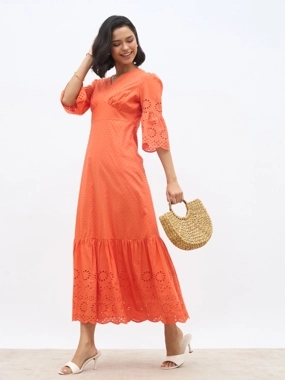 Styli Schiffli A-Line Maxi Dress with 3/4th Sleeves