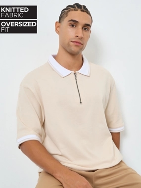 Styli Men Beige Oversize Knitted Polo
