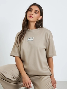 Styli Khaki Oversized T-Shirt with Badge Detail