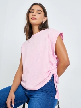 Styli Pink Ruched Side Tie T-Shirt