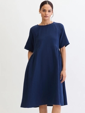 Femmella Navy Blue Cotton Side Gathers Detail Midi Dress