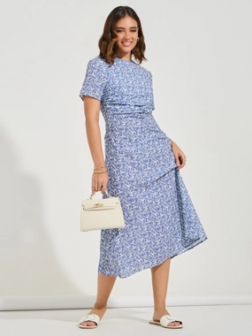 Take Two All Over Print Ruched Round Neck Midi Dress