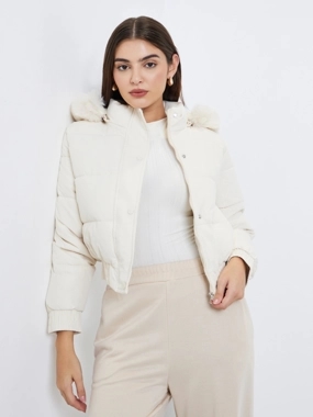 Styli Off White Regular Fit Short Length Hooded Padded Jacket with Faux Fur Detail