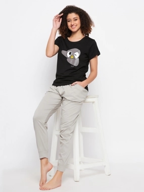 Clovia Cotton Penguin Graphic Print T-Shirt and Solid Jogger Set