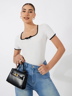 Styli Solid Ribbed Top with Piping Detail and Square Neck