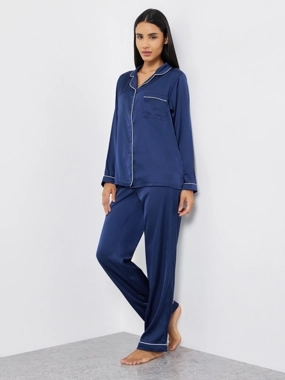 Styli Unwind Matte Satin Piped Detail Pocket Shirt and Pyjama Set