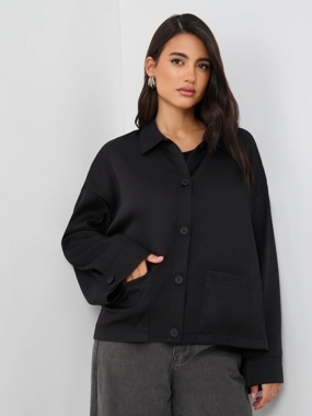 Styli Solid Button Front Boxy Fit Jacket with Patch Pockets