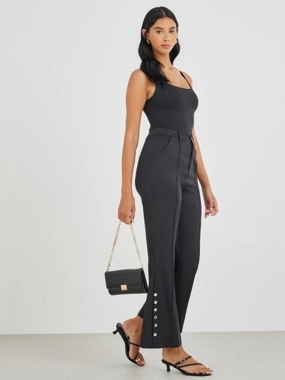 Take Two Solid Button Detail Slim Fit Pants with Pockets