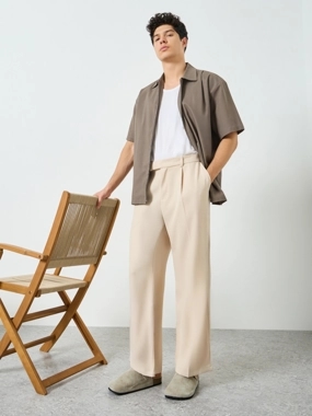 Take Two Men Beige Slant Pocket Pleated Straight Leg Pants