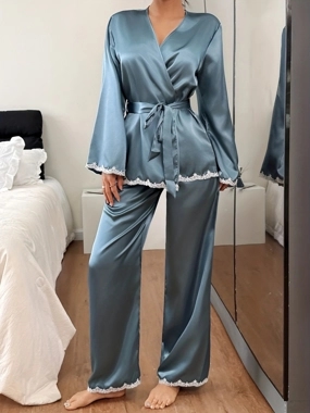 Take Two Blue Satin Lace Trim Wrap Top and Pyjama Set