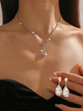 Take Two Embellished Necklace with Rhinestone Drop and Earrings set