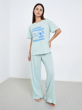 Styli Unwind Match Graphic Drop Shoulder T-Shirt and Ruffle Pyjama Set