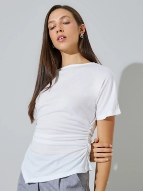 Styli White Gathered Asymmetric Hem T-Shirt