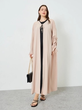 Styli Women Beige Drawstring Sleeve Front Tie Abaya