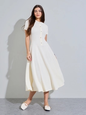 Styli Cream Plain Short Sleeves A-Line Midi Dress