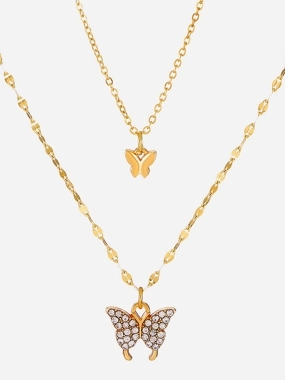 Take Two Rhinestone Butterfly Pendant Layered Necklace
