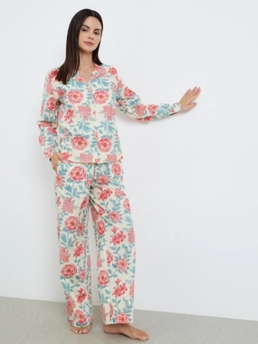 Styli Unwind Floral Buttoned Cotton Shirt and Wide Leg Pyjama Set