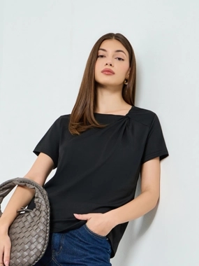 Styli Black Asymmetric Neck Knit T-Shirt