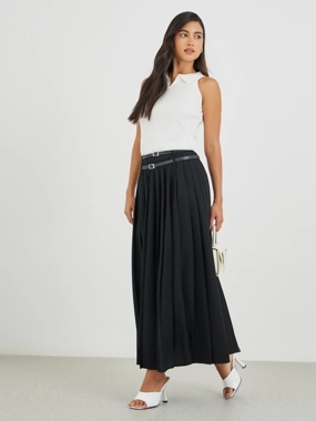 Styli Solid Gathered Detail A-Line Maxi Skirt with Belt Detail