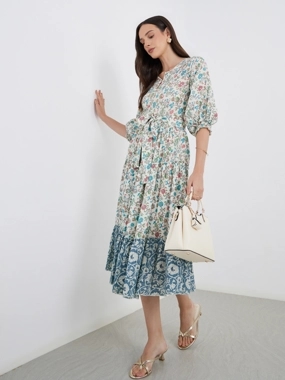 Maxim Creation Women Floral Print Midi Dress with Tie Belt