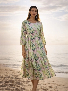 Sassafras Floral Print Balloon Sleeve Tiered Midi Dress