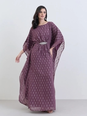 Amirah Women Purple Chiffon Embellished Kaftan Maxi Dress