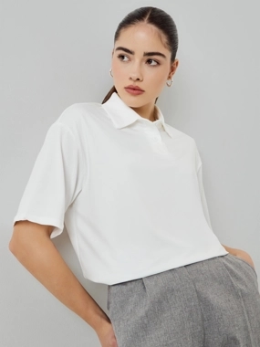 Styli White Short Sleeve Knitted Polo T-Shirt