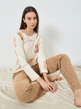 Take Two Cozy Beige Bear Print T-Shirt and Pyjama Set