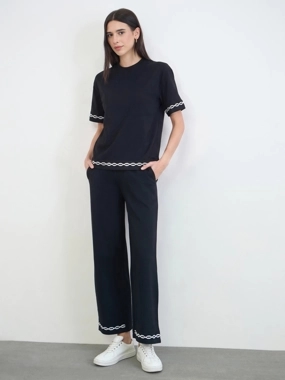 Styli Black Embroidered Hem Wide Leg Joggers