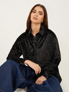 Styli Velvet Look Oversized Longline Shirt