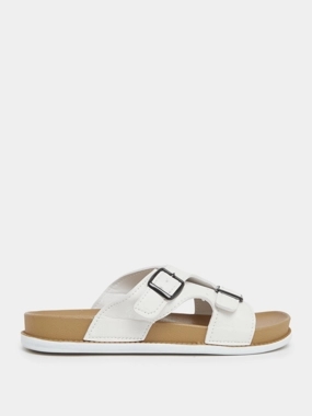 Styli Men White Buckle Slide Sandals