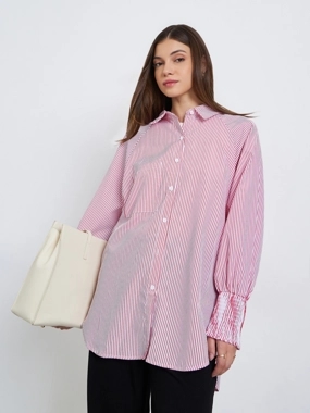 Styli Stripe Printed Smocking Sleeve Cuff Detail Shirt