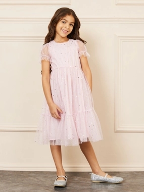 Styli Foil Print Mesh Layer Tiered Midi Dress